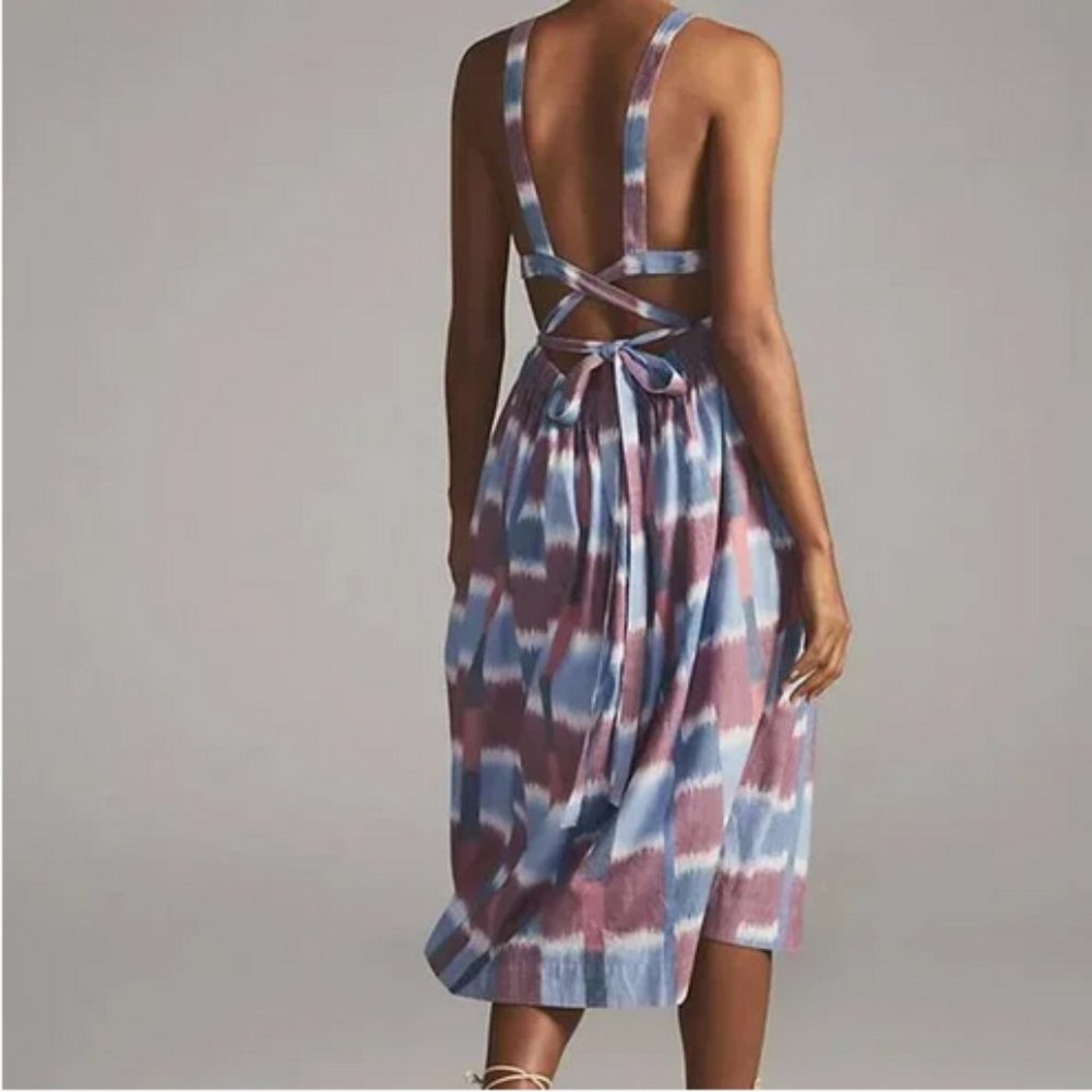 Anthropologie S NWT Deep-V Midi Dress Watercolor Blue Motif 80$ Boho Small - Picture 2 of 5